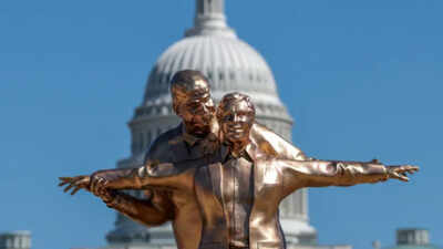 ‘Tragic love story’: Statue of Trump and Epstein in iconic 1997 Titanic pose seen in Washington DC