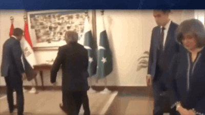 Pakistan’s Deputy PM Ishaq Dhar falls while welcoming Egypt’s Foreign Minister at Middle East peace talks, video goes viral