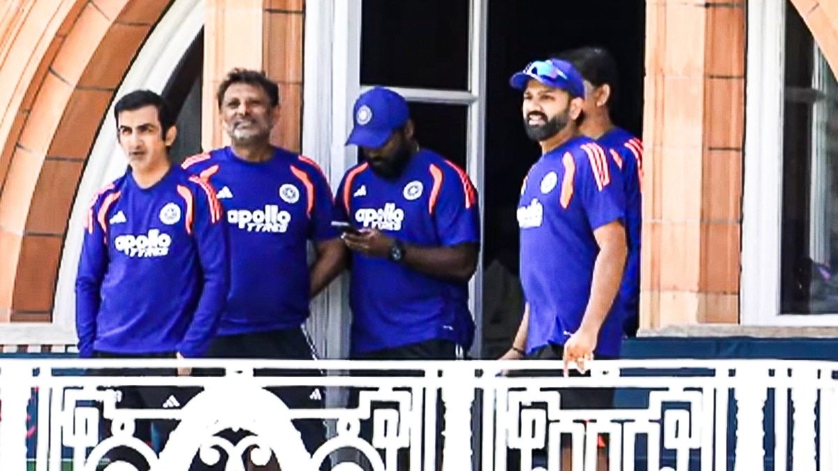 Rohit Sharma and Gautam Gambhir laughing and joking in the balcony of Lord’s