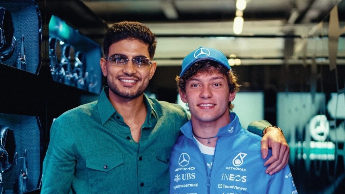 Shubman Gill plays cricket with Antonelli in the Mercedes garage at the British GP. Video